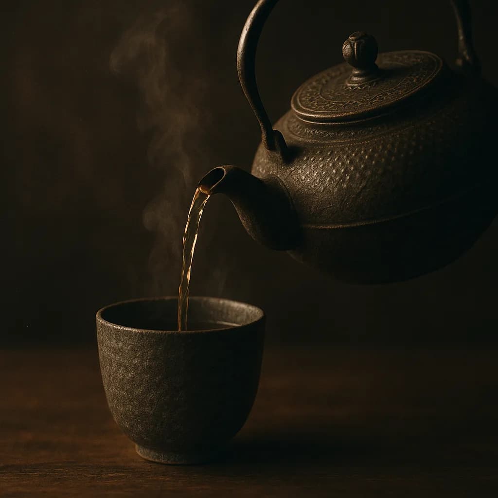 Tea being poured from a cast-iron pot at Moon & Steam